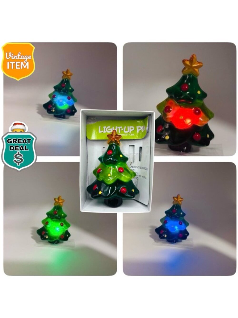 Vintage Light Up Christmas Tree Brooch Pin. Green, Red, and Blue Light Display!